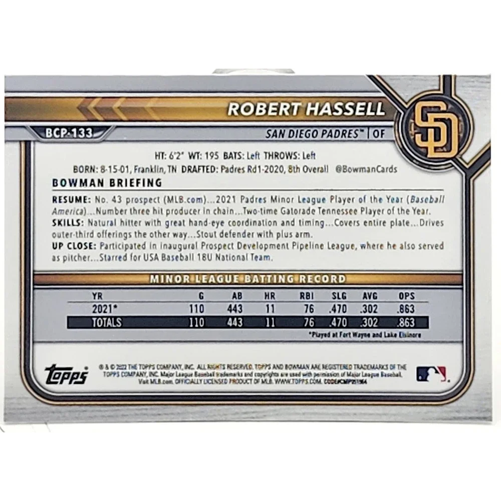 2022 Bowman Chrome Sapphire Robert Hassell #BCP-133